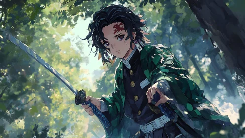 Sword-wielding warrior in dappled forest light illustration.