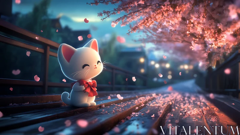 White cartoon cat on bridge under pink cherry blossoms at dusk.