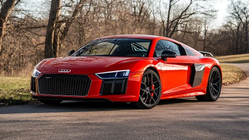 Red Audi R8 supercar glows against a quiet woodland road