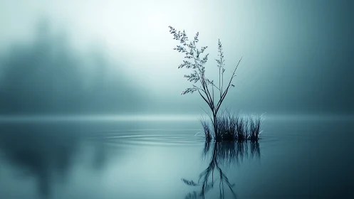 Solitary reeds in misty cyan lake with mirrored stillness.