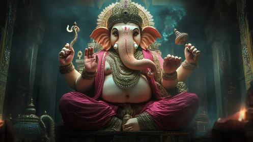Majestic Ganesha idol in ornate temple with glowing incense.
