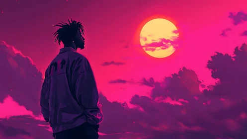 Neon sunset silhouette under bold magenta sky glow.