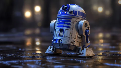 Starlit blue droid gliding across a rain-kissed alleyway.