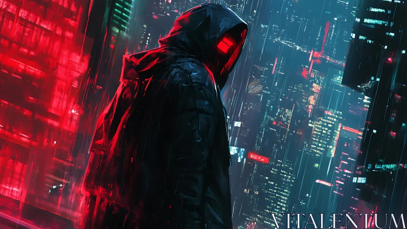 Hooded cyberpunk watcher overlooks neon city in rain