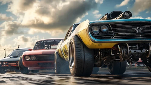 Supercharged muscle cars lined up on drag strip start line.