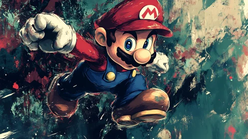 Bold jumping hero splashed with wild painterly energy.