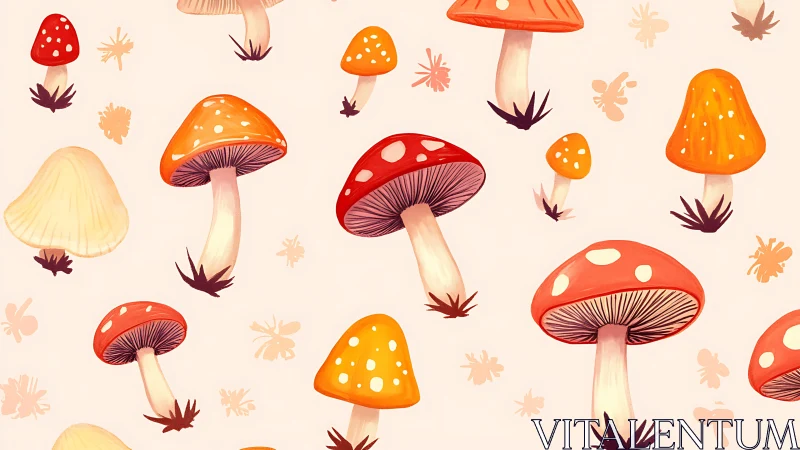 Whimsical red and orange mushrooms form seamless pattern.