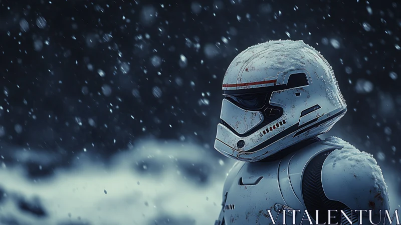 Snow‑covered futuristic armored figure in winter storm.