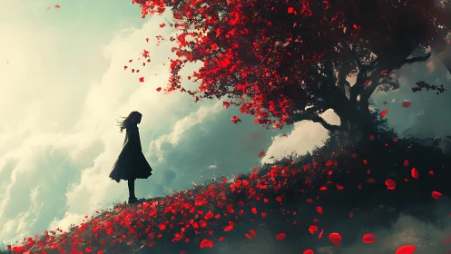 Digital painting of a lone figure beneath a crimson blossom tree.
