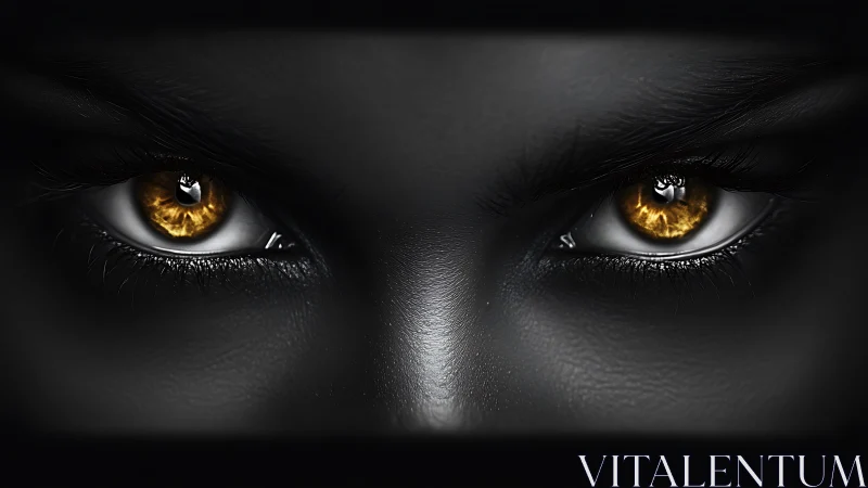 Intense golden eyes pierce through monochrome cinematic shadow
