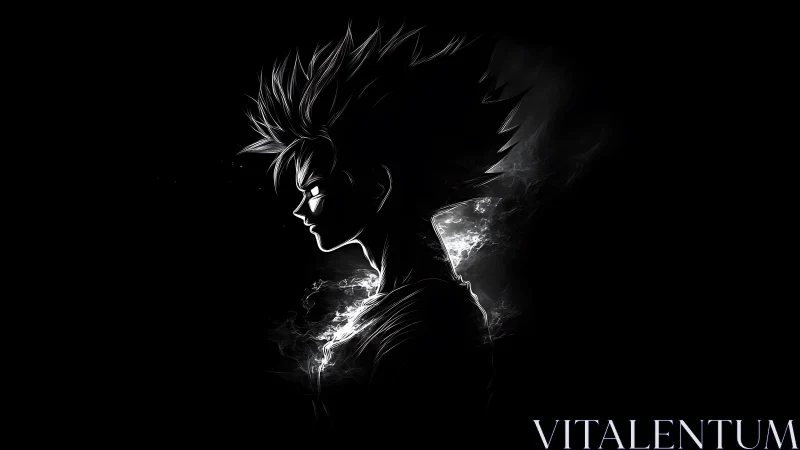 Monochrome anime warrior silhouette with glowing aura.