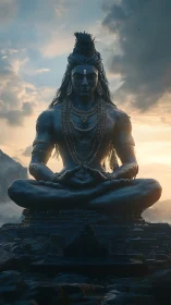 Majestic Shiva statue rests in serene mountain sunset light