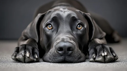 Black dog lying down with paws forward and direct gaze.
