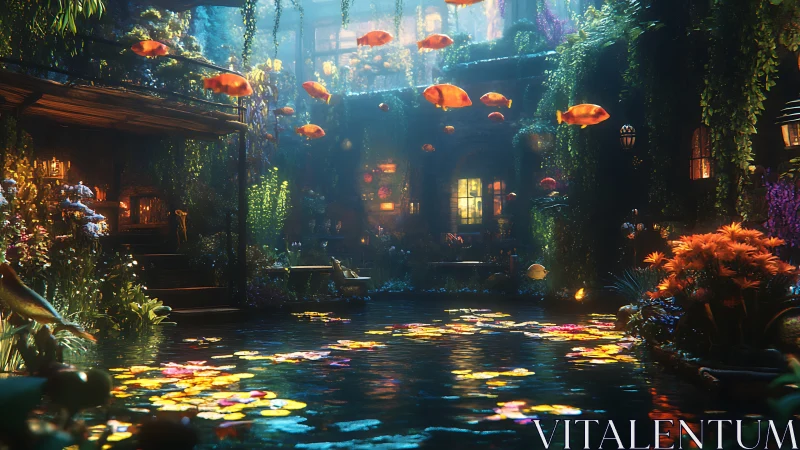 Floating koi above luminous courtyard pond at twilight.