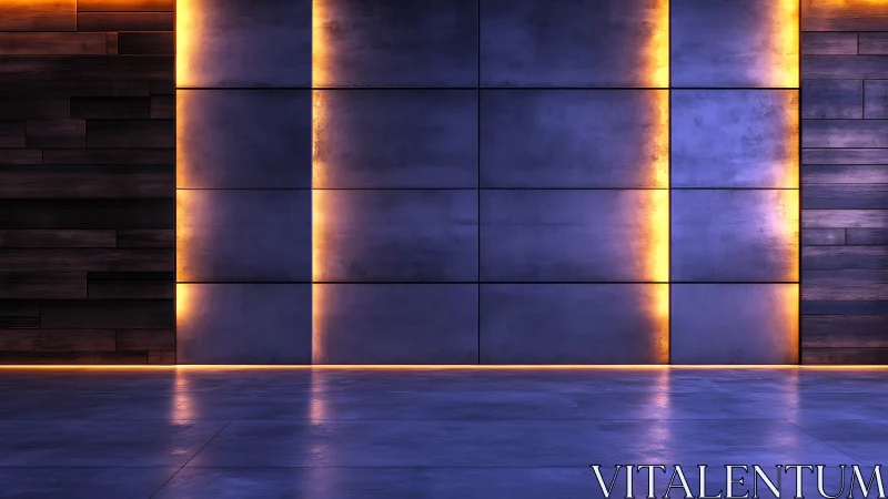 Industrial wall panels with dramatic amber backlighting.