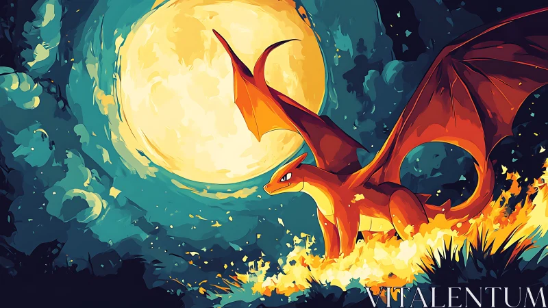 Fiery dragon silhouette dominates lunar backlit fantasy night