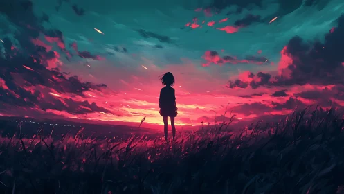 Silhouetted figure in field under vivid digital sunset sky.