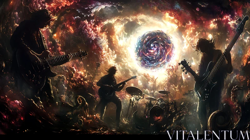 Cosmic metal band silhouettes perform before a swirling galactic vortex