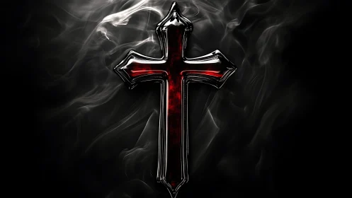 Metallic red cross with smoke on dark black background.