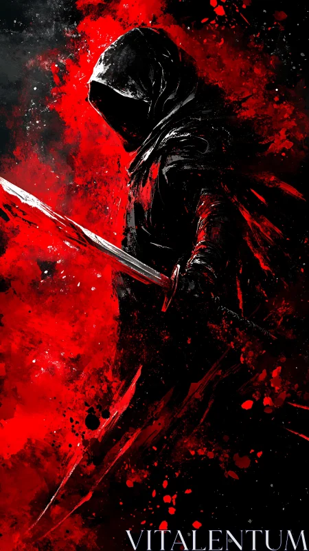 Hooded figure holds sword amid red and black splatter field
