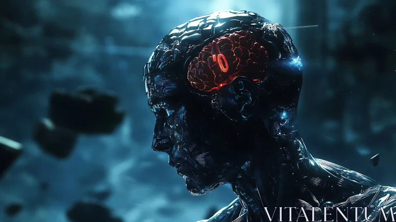 Cybernetic human profile with glowing red digital brain core.