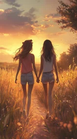 Backlit summer field walk with rim-lit figures and warm haze