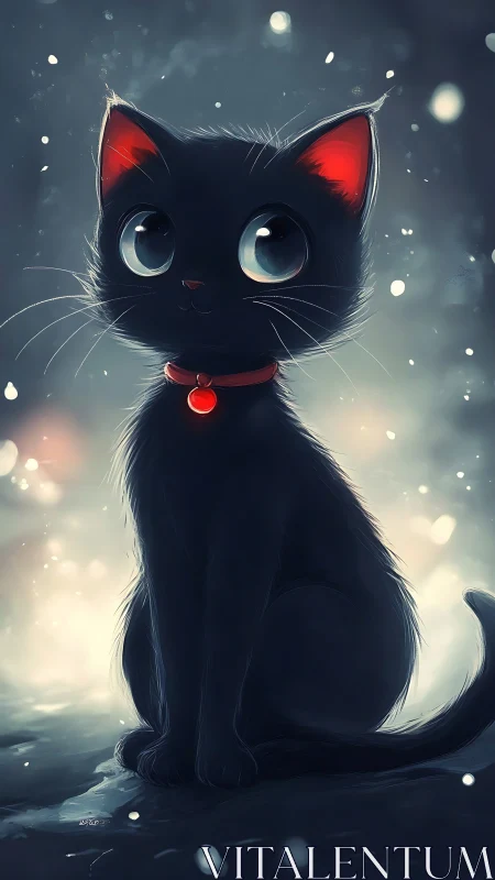 Mystical Black Cat with Glowing Red Ears in Twilight