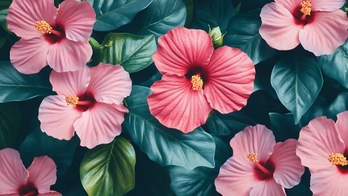 Hibiscus Blooms Dance: Pink Petals Waltz Against Deep Teal