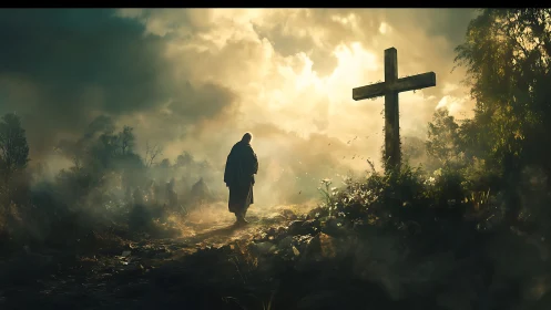 Lone pilgrim crossing dawnlit path toward weathered cross.