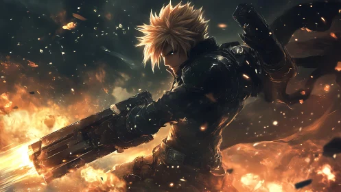 Blonde futuristic warrior firing cannon amid blazing ruins.