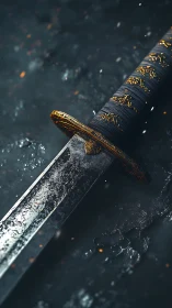 Weathered katana blade with ornate hilt and molten sparks.