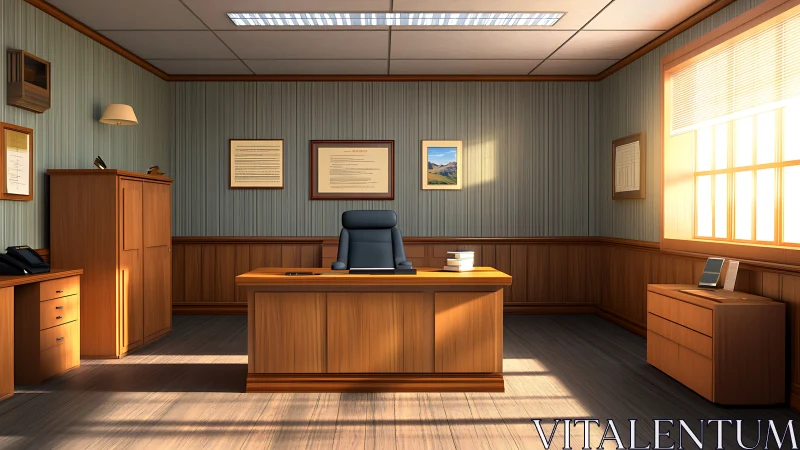 Sunlit executive office interior with planar wood geometry.