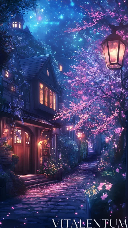 Starlit cherry blossom lane glowing with cozy doorways.