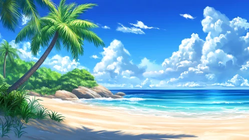Digitally rendered tropical beach scene with palm tree, rocky outcrops and cumulus cloud formations
