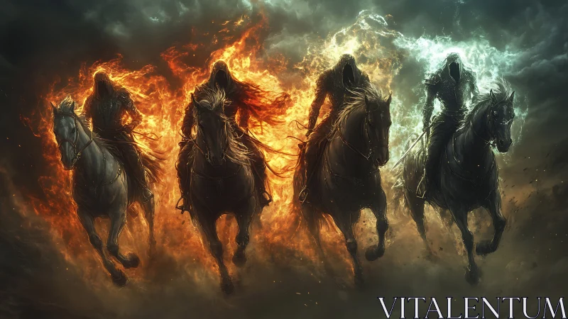 Fiery spectral riders charge through stormlit twilight.