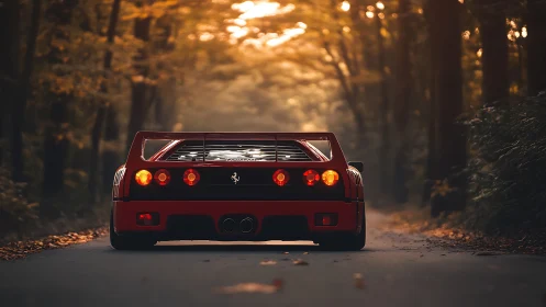 Rear view of red sports car on forest road at dusk.