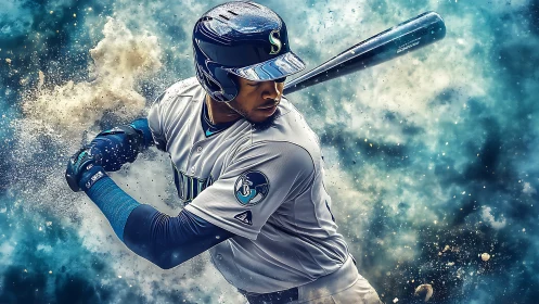 Electric baseball swing frozen in a storm of blue energy.