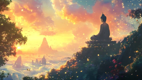 Serene Buddha overlooks glowing fantasy mountain sunrise