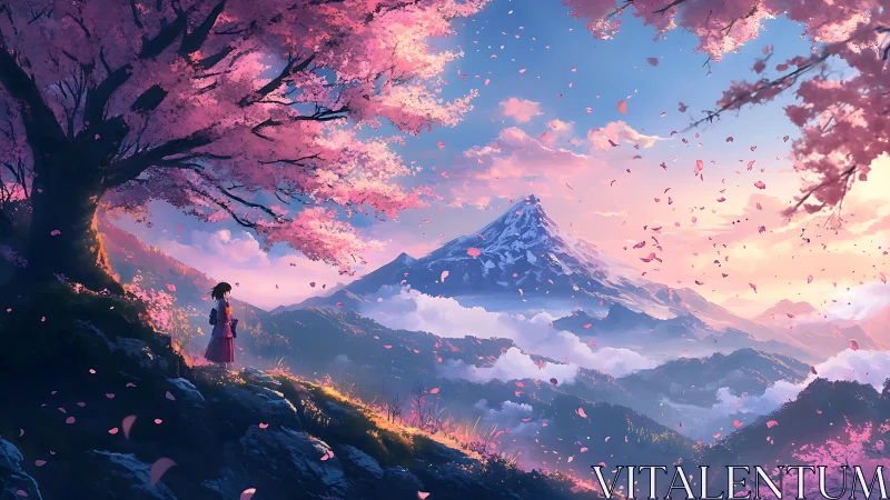 Quiet girl beneath sakura skies and distant snowy mountain.