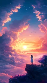 Solitary observer on escarpment under volumetric dusk sky.