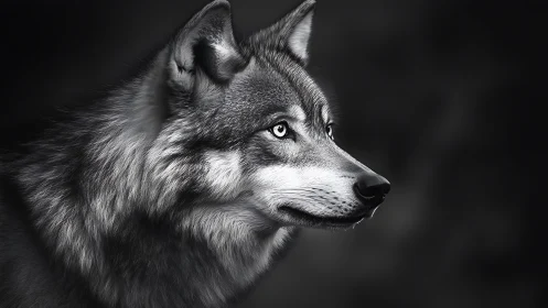 Monochrome profile portrait of a wolf with high detail fur.