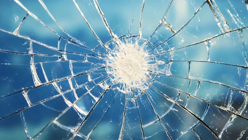 Radial shatter pattern on glass against defocused blue field.