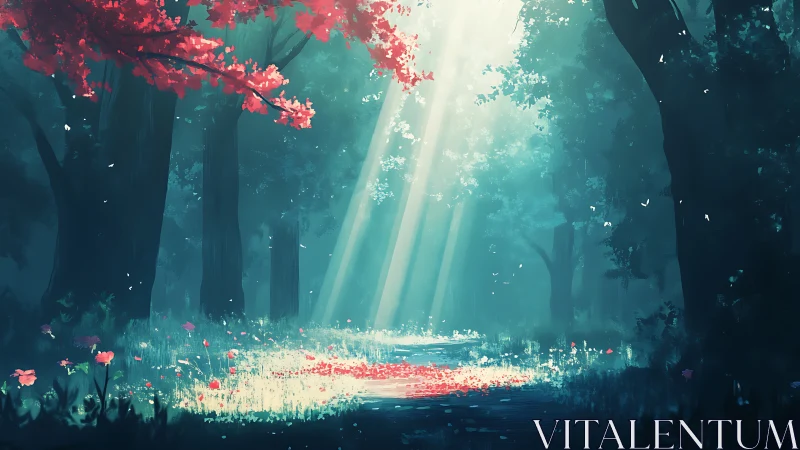 Luminous Forest Cathedral: Mystical Woodland with Crimson Blossoms and Ethereal Light.