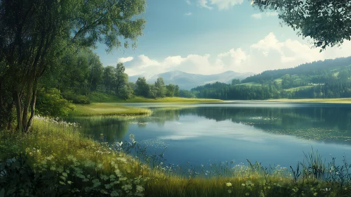 Calm mountain lake reflects bright summer sky and forests