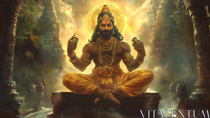 Golden divine figure meditating amid ornate temple ruins.