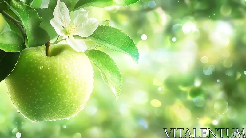 Sunlit green apple with blossom against dreamy bokeh backdrop.