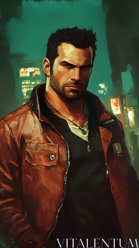 Brooding urban antihero in red leather under teal city glow.