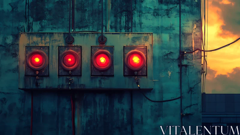 Moody industrial wall glowing with four bold red lights.