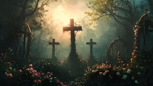 Backlit ivy crosses structure luminous focal depth in misty graveyard