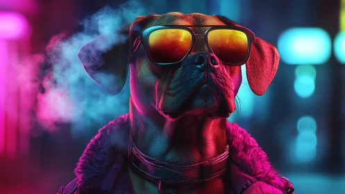 Neon city dog with mirrored sunglasses in vaporwave haze.